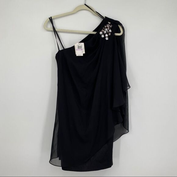 NWT Xscape Joanna Chen Rhinestone One Shoulder Flutter Hem Sheer Chiffon Dress - Picture 1 of 13